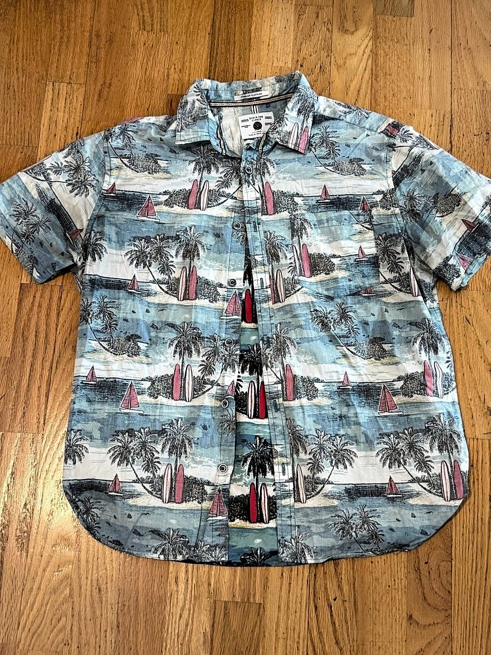 Denim & Flower Men's L Blue Pink White Tropical Beach Graphic Short Sleeve Slim